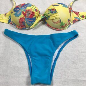 Recco Size Large Brazilian Yellow Floral Underwire Top & Teal Bottom. New